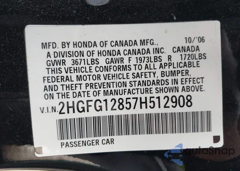 2007 Honda Civic Ex z USA, uszkodzony, nr VIN 2HGFG12857H512908